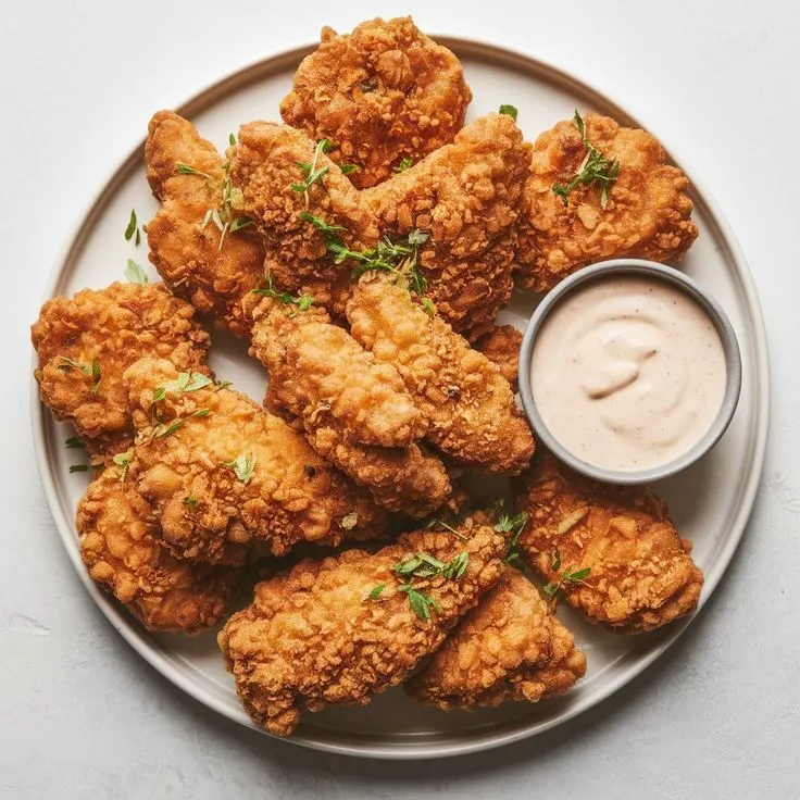 Crispy golden fried chicken fingers served as a starter at Nino's Pizzeria, Patchogue NY