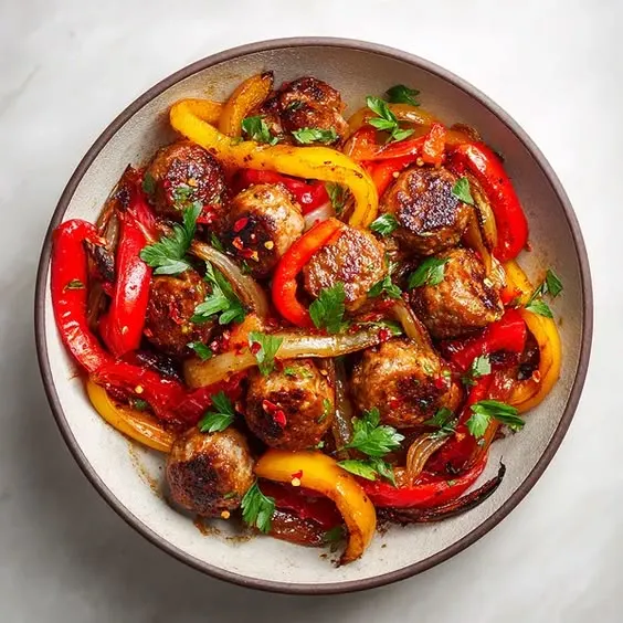 Diced sausages sautéed with sliced peppers served at Nino's Pizzeria, Patchogue NY